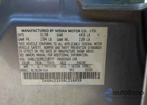 2008 Nissan Altima 3.5 Se z USA, uszkodzony, nr VIN 1N4BL21E98C218959